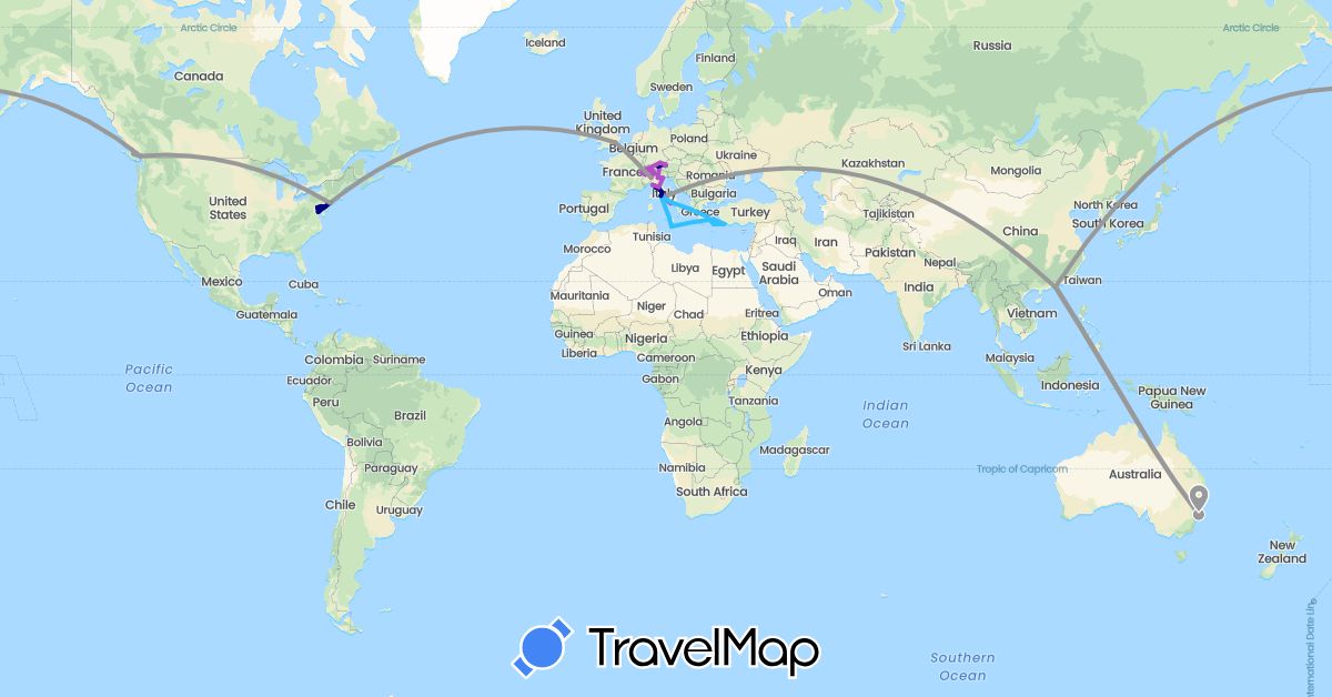 TravelMap itinerary: driving, plane, train, boat in Austria, Australia, Canada, Switzerland, Germany, United Kingdom, Greece, Hong Kong, Italy, Malta, United States (Asia, Europe, North America, Oceania)